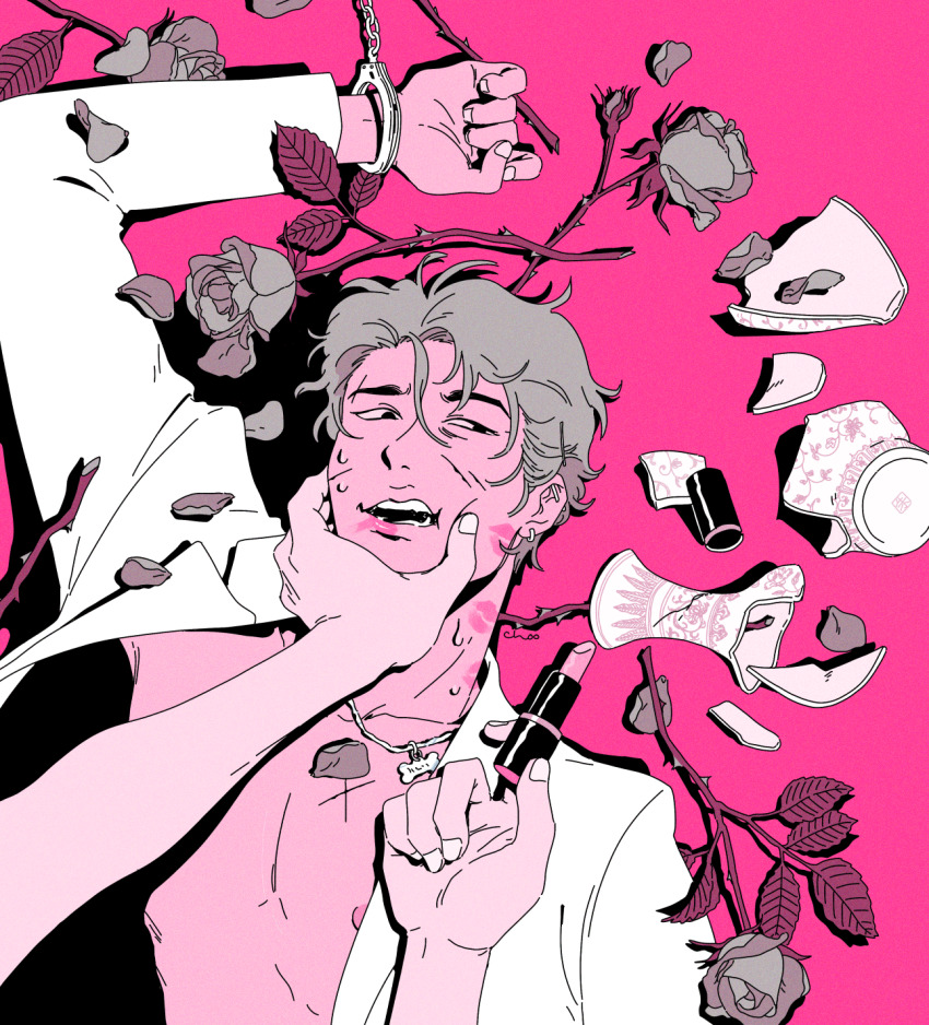 1boy black_eyes broken broken_vase choo colored_skin commentary cosmetics cuffs dog_tags ear_piercing earrings english_commentary flower grey_flower grey_hair grey_rose hand_on_another&#039;s_chin hand_up handcuffs highres holding holding_lipstick_tube jacket jewelry leaf lipstick lipstick_mark lipstick_mark_on_face lipstick_mark_on_neck lipstick_tube lying makeup male_focus monochrome multiple_piercings nipples no_shirt on_back on_ground open_clothes open_jacket open_mouth original piercing pink_lipstick_tube pink_skin pink_theme porcelain rose scrape simple_background smeared_lipstick sweatdrop thorns upper_body vase white_jacket