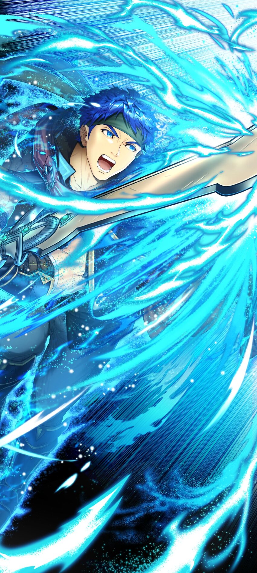 1boy absurdres attack aura blue_aura blue_eyes blue_hair cape fire_emblem fire_emblem:_radiant_dawn fire_emblem_engage fire_emblem_heroes glowing greatsword green_headband headband highres holding holding_sword holding_weapon ike_(emblem)_(fire_emblem) ike_(fire_emblem) male_focus muscular muscular_male nintendo official_art official_wallpaper okuma_yuugo open_mouth ragnell red_cape single_shoulder_pad solo swinging sword teeth v-shaped_eyebrows weapon