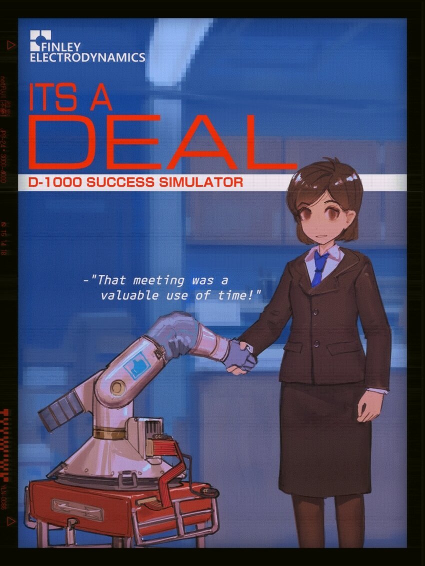 1girl absurdres ahoge awkward black_border blue_background blue_necktie border brown_eyes brown_hair brown_skirt brown_suit color_contrast english_text fake_ad feet_out_of_frame formal_clothes handshake highres indoors mechanical_arms necktie no_pupils notfuji office_lady original painterly pantyhose parody parted_lips pencil_skirt pixelated_background robot scene_reference shirt short_hair single_mechanical_arm skirt skirt_suit solo suit text_focus the_office thumbs_up white_shirt