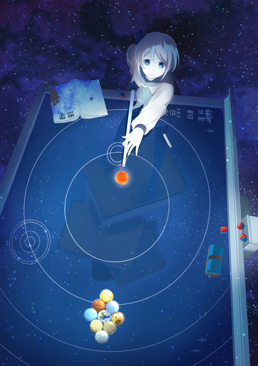 1girl ahira_yuzu aqua_eyes aqua_neckerchief between_fingers billiards blue_eyes board_eraser book chalk chalkboard commentary_request cube cue_stick desk earth_(planet) female_focus highres holding holding_cue_stick jupiter_(planet) leaning_forward light_particles long_sleeves mars_(planet) mercury_(planet) neckerchief neptune_(planet) open_book orbit original pale_skin planet pole pool_table saturn_(planet) school_desk school_uniform serafuku short_hair smile solar_system solo space star_(sky) sun surreal table transparent uranus_(planet) venus_(planet) white_hair