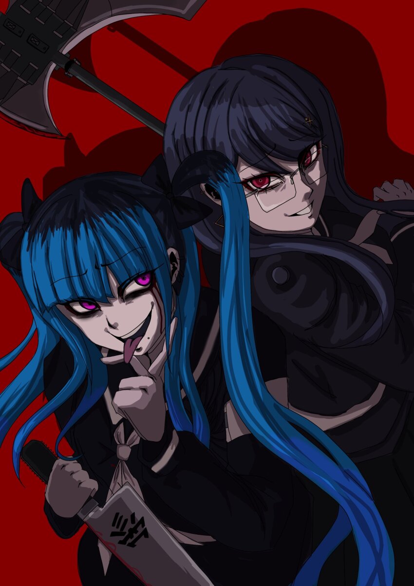 2girls amemiya_darumi axe back-to-back black_bow black_hair blue_hair bow female_focus glasses gloves hair_bow hand_up highres holding holding_axe holding_knife holding_weapon knife last_defense_academy_school_uniform long_hair long_sleeves looking_at_viewer multiple_girls open_mouth pink_eyes pink_hair red_background red_eyes shizuhara_hiruko simple_background teeth the_hundred_line_-last_defense_academy- tongue tongue_out twintails upper_teeth_only weapon white_gloves
