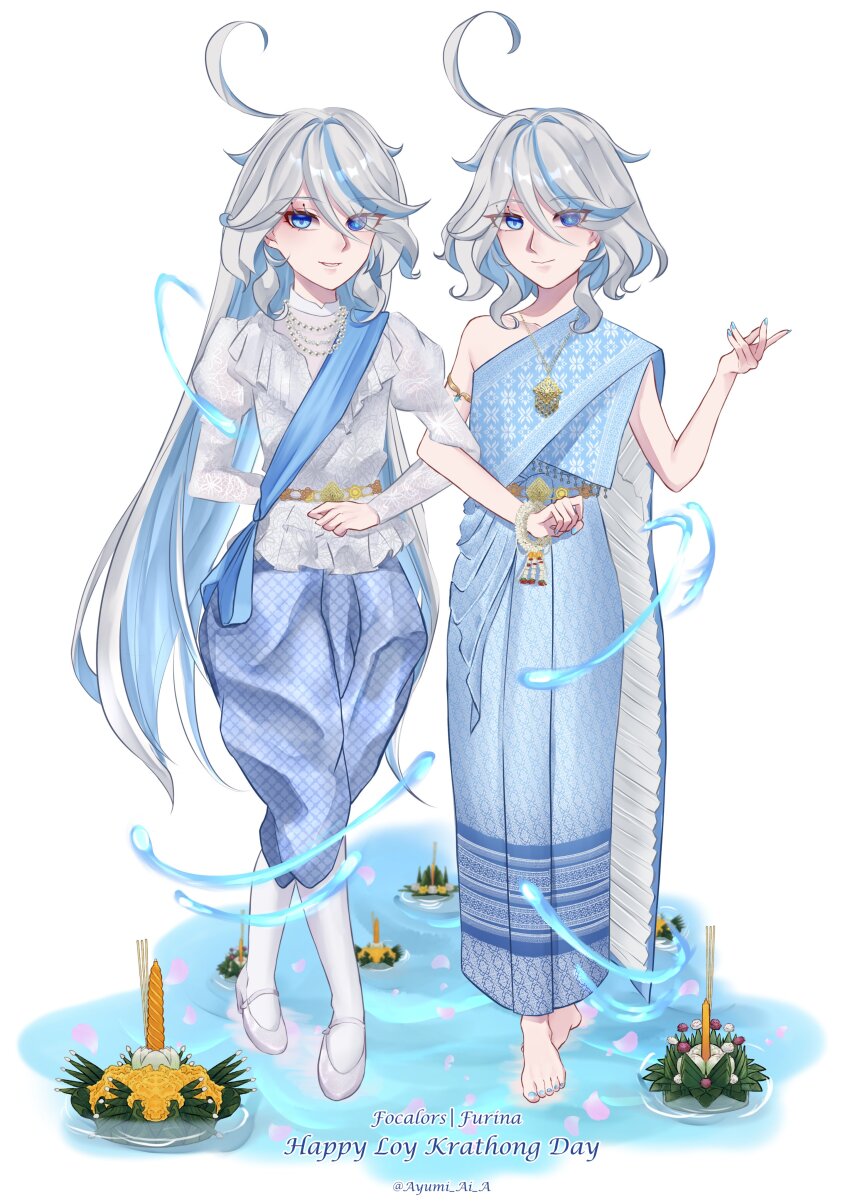 2girls absurdres alternate_costume artist_name ayumi_ai_a barefoot blue_cape blue_eyes blue_hair blue_nails blue_pants blush cape closed_mouth english_text feet furina_(genshin_impact) genshin_impact grey_hair hair_between_eyes heterochromia high_heels highres kratong light_blue_hair long_hair long_sleeves looking_at_viewer loy_kratong medium_hair multicolored_hair multiple_girls pants shirt smile streaked_hair thai_clothes thighhighs toes twitter_username water white_background white_footwear white_hair white_shirt white_thighhighs