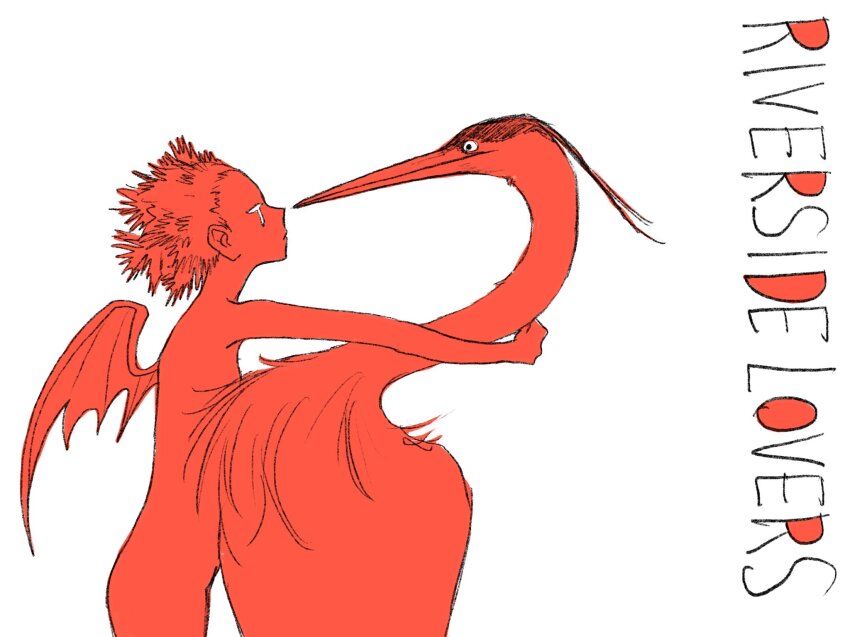 1girl animal animal_hug bird closed_mouth colored_eyelashes completely_nude english_text flat_color heron highres jitome looking_at_another looking_to_the_side monochrome no_sclera nude original red_theme short_hair simple_background solo tsurikawa373 upper_body white_background white_eyes wings
