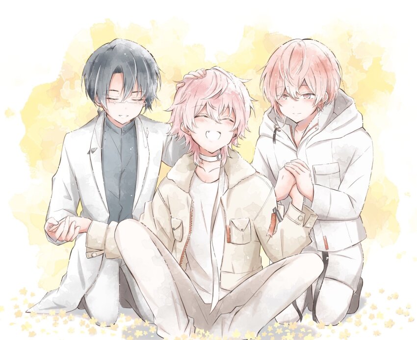 3boys black_hair choker closed_eyes closed_mouth fang glasses grey_hair hand_on_another&#039;s_head hari_nyan_nyan highres holding_hands itsuki_(paradox_live) male_focus miyama_kei multicolored_background multiple_boys paradox_live pink_eyes pink_hair rokuta_(paradox_live) smile teeth white_background white_choker yellow_background