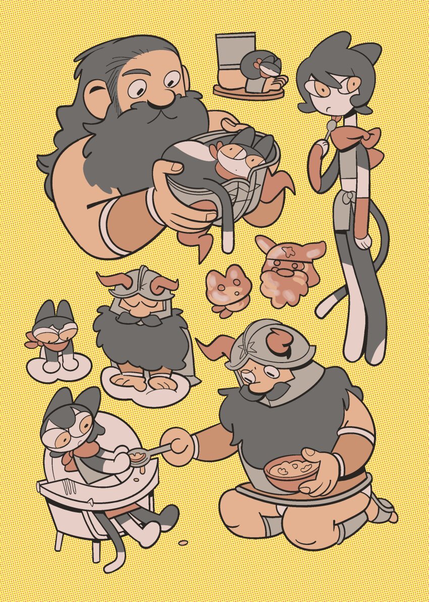 1boy 1girl absurdres beard body_fur bulge_peek cat_girl closed_eyes collage cropped_torso deformed dungeon_meshi dwarf facial_hair fake_horns feeding foodification forced frown helmet highres horned_helmet horns izutsumi kneading_(behavior) kneading_dough long_beard male_underwear male_underwear_peek mustache neck_warmer senshi_(dungeon_meshi) sknc1291 standing thick_mustache toddler u_u underwear very_long_beard wok yellow_background