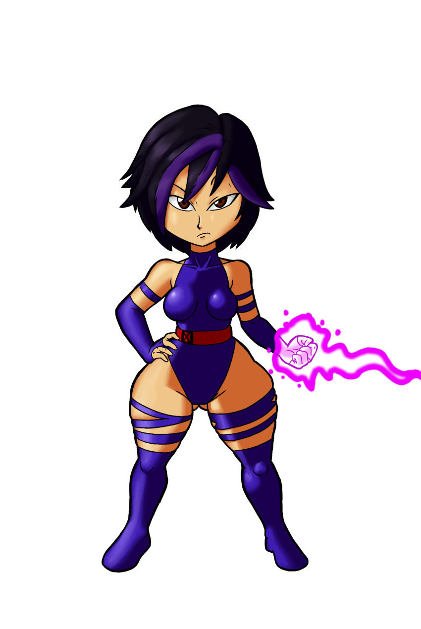 1girl bare_shoulders big_hero_6 blue_leotard breasts chibi cosplay curvy energy_sword fingerless_gloves full_body gloves glowing glowing_hand gogo_tomago hand_on_own_hip highleg highleg_leotard highres impossible_clothes impossible_leotard large_breasts leotard looking_to_the_side marvel psylocke psylocke_(cosplay) revealing_clothes sash sentinel_(x-men) shiny_clothes short_hair simple_background skin_tight solo standing superhero_costume sword tansau thong_leotard weapon white_background wide_hips x-men