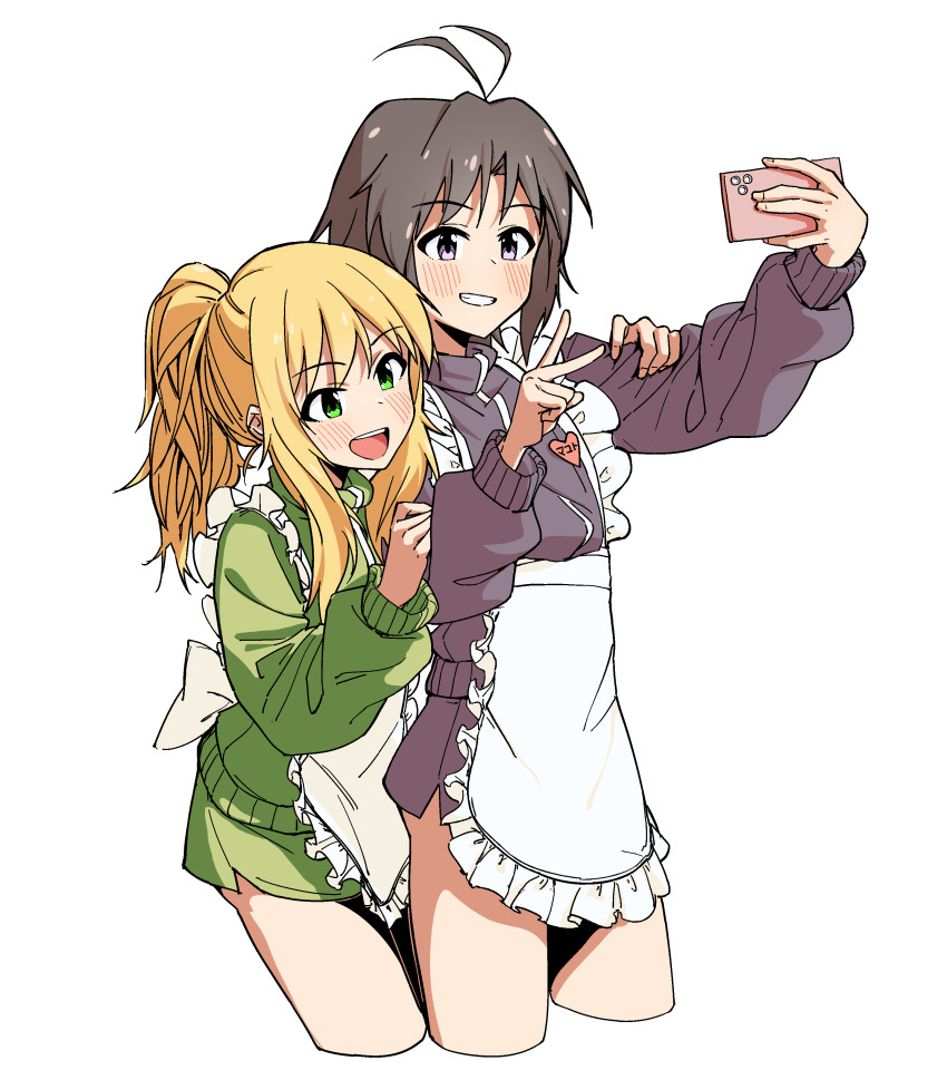 2girls absurdres antenna_hair apron bakawahitori behind_another black_hair black_track_suit blonde_hair blush cellphone cropped_legs green_eyes green_track_suit grin hands_up hashtag-only_commentary heart highres holding holding_phone hoshii_miki idolmaster idolmaster_(classic) idolmaster_million_live! idolmaster_million_live!_theater_days jacket jersey_maid kikuchi_makoto long_sleeves maid maid_apron multiple_girls open_mouth phone ponytail purple_eyes selfie short_hair shorts simple_background smartphone smile standing teeth track_jacket track_suit unconventional_maid upper_teeth_only v white_apron white_background
