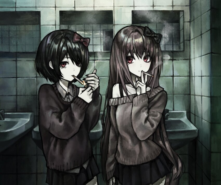 2girls black_bow black_hair black_skirt bow brown_bow brown_hair brown_sweater cigarette commentary commission english_commentary gd783hhh hair_between_eyes hair_bow highres holding holding_cigarette holding_lighter lighter lighting_cigarette long_hair looking_at_viewer messy_bangs mirror multiple_girls off-shoulder_sweater off_shoulder original pleated_skirt public_restroom red_eyes short_hair single_off_shoulder skirt sleeves_past_wrists smoke smoking sweater