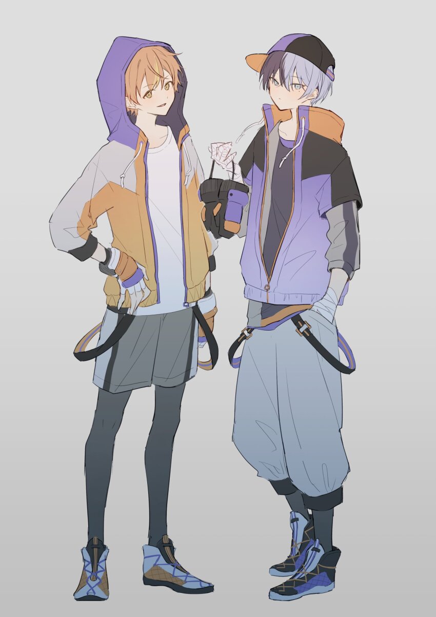 2boys absurdres aoyagi_touya bandaged_hand bandages baseball_cap blonde_hair blue_eyes blue_hair bout_for_beside_you_(project_sekai) closed_mouth commentary_request dark_blue_hair dot_nose drawstring full_body gloves green_eyes grey_background hand_in_pocket hand_up hat high_collar highres holding hood hood_up hooded_jacket jacket jishio long_sleeves male_focus mole mole_under_eye multicolored_hair multicolored_jacket multiple_boys official_alternate_costume open_clothes open_jacket open_mouth orange_hair project_sekai shinonome_akito shirt short_hair shorts simple_background standing streaked_hair suspenders_hanging three-quarter_sleeves two-tone_hair white_shirt