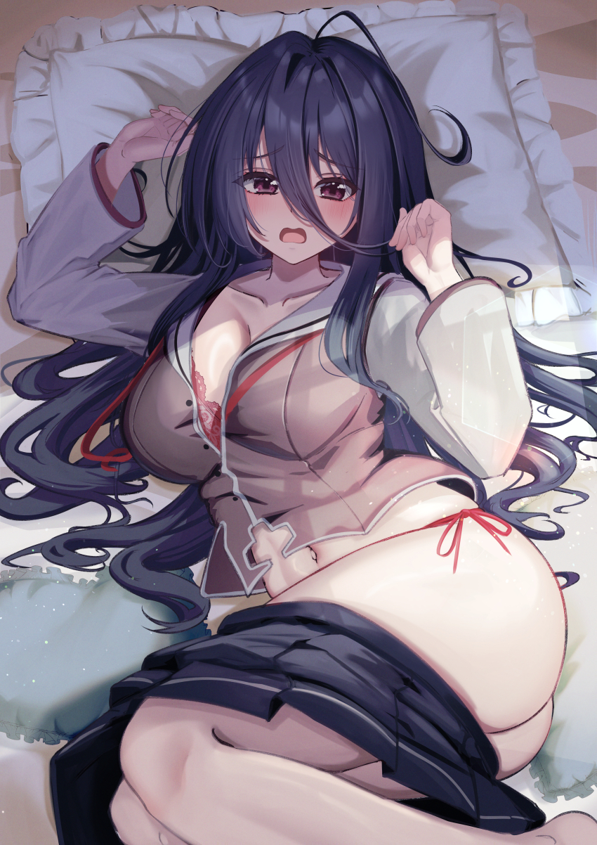 1girl absurdres bed_sheet black_hair black_skirt bra bra_peek breasts brown_eyes brown_vest clothes_pull collarbone commentary_request g-senjou_no_maou hair_between_eyes highres ikeko_kei long_hair long_sleeves looking_at_viewer lying medium_breasts navel on_side open_mouth panties pillow pleated_skirt red_bra red_panties shirt side-tie_panties skirt skirt_pull solo thighs underwear usami_haru vest wavy_mouth white_shirt