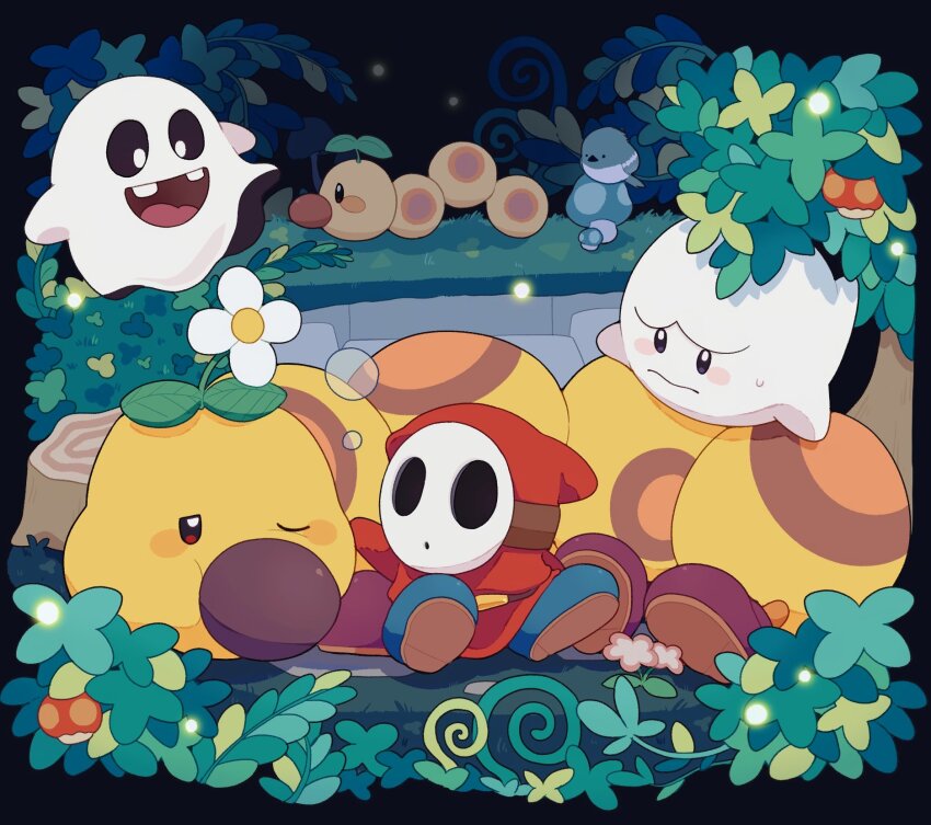 black_background black_eyes blush_stickers boo_(mario) bright_pupils creature flower highres mario_(series) mask mofupoyo nervous nintendo no_humans one_eye_closed open_mouth peepa_(mario) shoes shy_guy sleeping squeans sweatdrop white_pupils wiggler