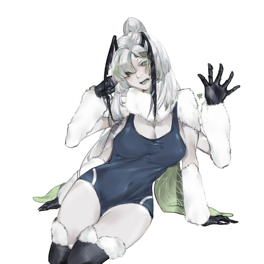 1girl arthropod_girl breasts bug cleavage colored_sclera commentary commission covered_navel english_commentary extra_arms eyebrows_hidden_by_hair fang green_eyes highres indie_virtual_youtuber insect insect_girl insect_wings invisible_chair juniper_actias large_breasts moth moth_girl moth_wings open_mouth silkmoth_seer simple_background sitting skin_fang swimsuit virtual_youtuber white_background white_hair wings