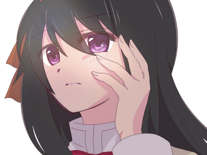 1girl akemi_homura amai_yume black_hair closed_mouth collar commentary frown german_commentary hair_ribbon hand_on_own_face highres long_hair looking_ahead mahou_shoujo_madoka_magica portrait purple_eyes red_ribbon ribbon simple_background solo white_background white_collar