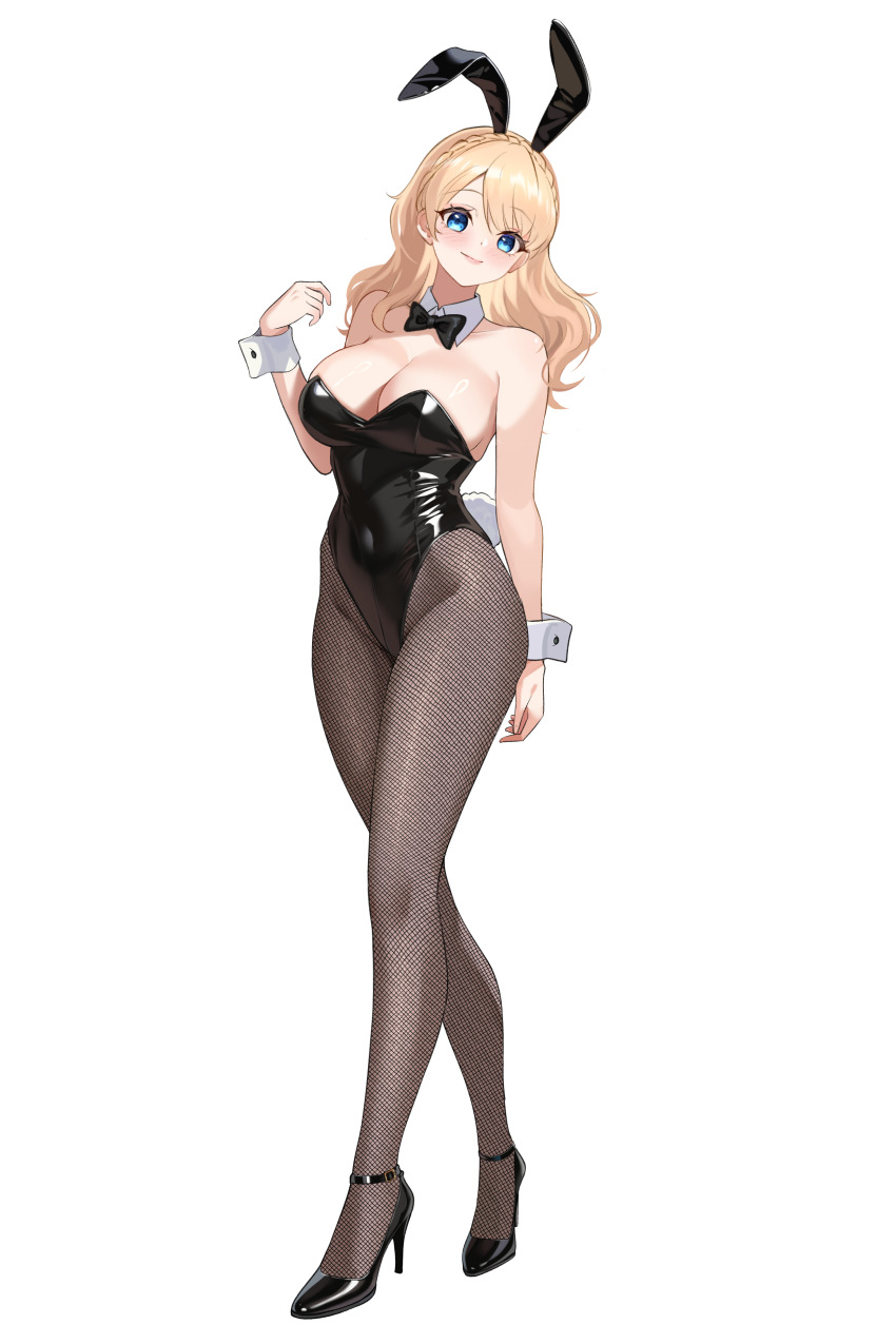 1girl absurdres animal_ears black_bow black_bowtie black_leotard black_pantyhose black_shoes blonde_hair blue_eyes blush bow bowtie braid breasts cleavage closed_mouth commentary_request commission covered_navel crown_braid detached_collar fake_animal_ears fake_tail fishnet_pantyhose fishnets full_body gher5 hand_up high_heels highleg highleg_leotard highres large_breasts leotard long_hair looking_at_viewer original pantyhose parted_bangs pixiv_commission playboy_bunny rabbit_ears rabbit_tail shiny_clothes shiny_skin shoes simple_background smile solo standing strapless strapless_leotard strappy_heels tail white_background white_wrist_cuffs wrist_cuffs