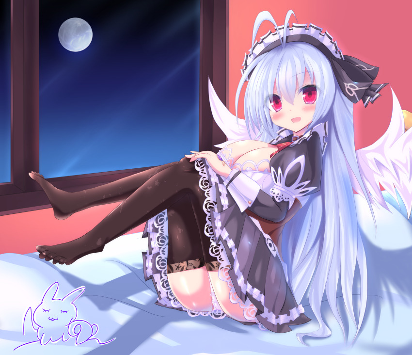 absurdres ahoge ass bed black_thighhighs breasts emil_chronicle_online frilled_skirt frills highres large_breasts long_hair maid maid_headdress mitama_kyrie naitounaitou on_bed open_mouth red_eyes skirt thighhighs white_hair white_wings wings