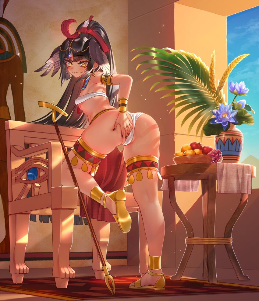 1girl ancient_egyptian ancient_egyptian_clothes ankh ankh_earrings armlet ass bikini black_hair blush bracelet breasts budget_sarashi chair commentary_request dark-skinned_female dark_skin earrings egyptian_art egyptian_mythology flower food fruit hair_ornament hand_on_own_ass head_wings highres jewelry komiya_nigi looking_at_viewer micro_bikini original pyramid_(structure) sandals sarashi solo swimsuit thigh_strap vase wings yellow_eyes