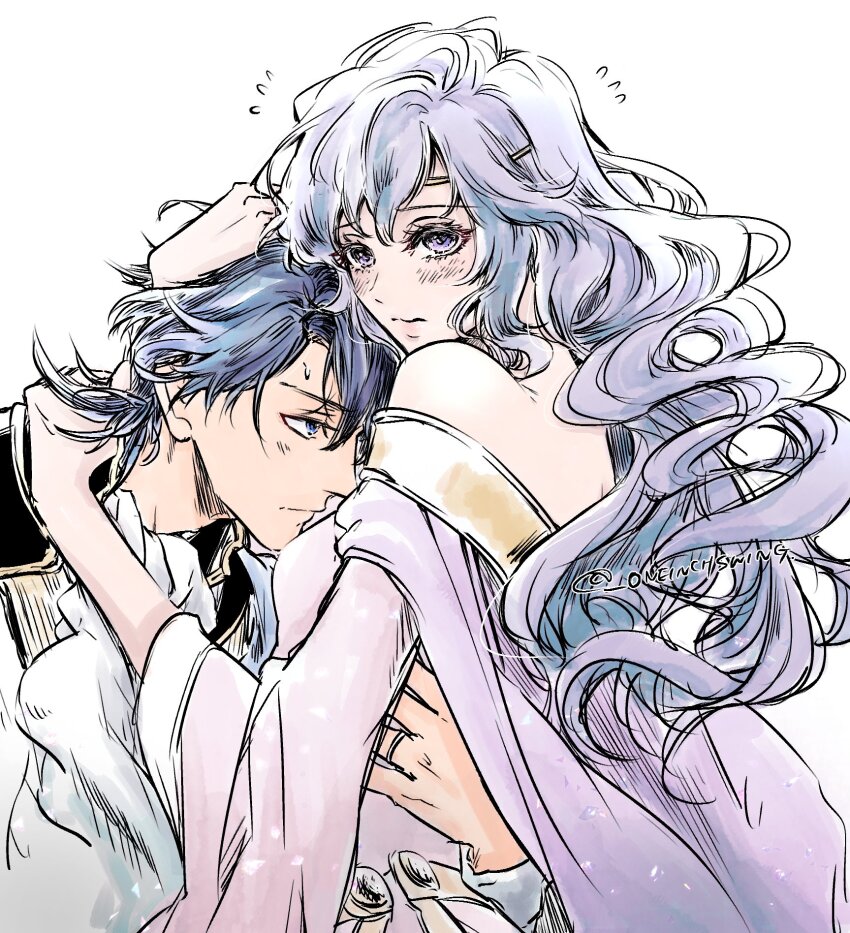 1boy 1girl blue_eyes blue_hair blush closed_mouth deirdre_(fire_emblem) dress fire_emblem fire_emblem:_genealogy_of_the_holy_war hetero highres hug husband_and_wife long_hair looking_at_viewer mixed-language_commentary nintendo purple_dress purple_eyes purple_hair short_hair sigurd_(fire_emblem) twitter_username umi_(_oneinchswing) white_background