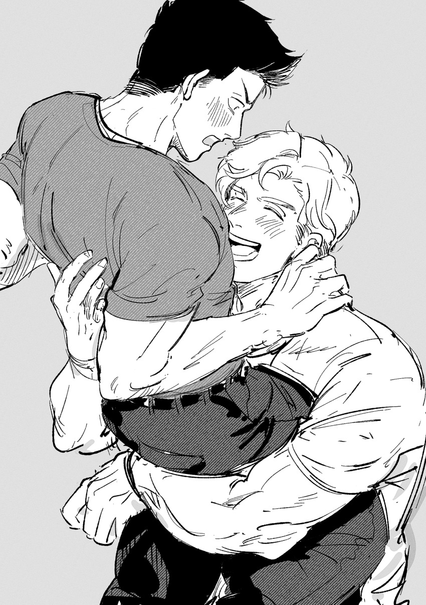 2boys 6cheetah ao_isami arm_behind_another&#039;s_back belt black_belt black_hair black_pants blush carrying carrying_person closed_eyes commentary couple grey_background grey_shirt greyscale hand_on_another&#039;s_shoulder highres hug korean_commentary lewis_smith looking_at_another male_focus monochrome multiple_boys open_mouth pants shirt short_hair short_sleeves simple_background teeth upper_teeth_only white_shirt yaoi yuuki_bakuhatsu_bang_bravern