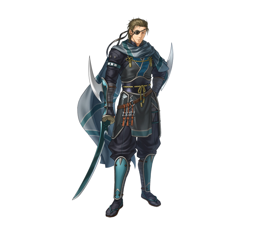 1boy absurdres brown_hair commentary_request eyepatch fire_emblem fire_emblem:_radiant_dawn fire_emblem_heroes full_body haar_(fire_emblem) haar_(ninja)_(fire_emblem) hair_slicked_back highres holding holding_sword holding_weapon japanese_clothes kita_senri male_focus ninja nintendo official_art sandals simple_background solo sword tabi weapon white_background zouri