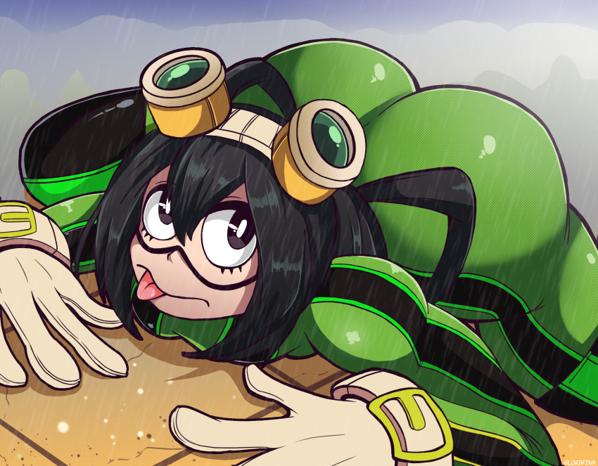 1girl all_fours ass asui_tsuyu asui_tsuyu_(hero_outfit) black_eyes black_hair bodysuit boku_no_hero_academia breasts female_focus gloves goggles goggles_on_head green_bodysuit huge_ass lordfink matching_hair/eyes skin_tight solo superhero_costume tongue tongue_out white_gloves