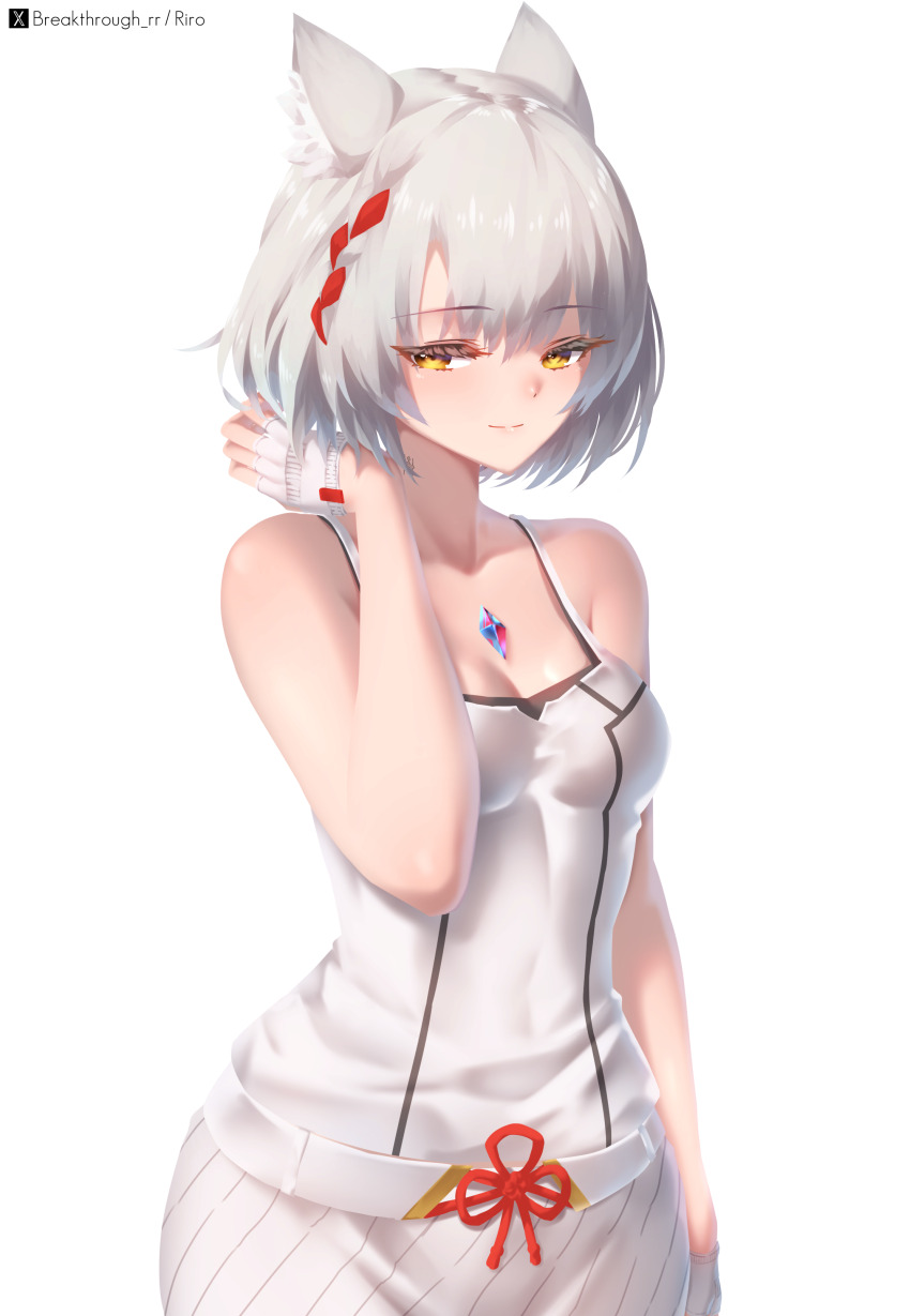 1girl absurdres animal_ear_fluff animal_ears artist_name bare_shoulders breasts camisole cat_ears cat_girl chest_jewel chinese_knot closed_mouth collarbone commentary fingerless_gloves gloves grey_hair hand_in_pocket highres looking_at_viewer mio_(xenoblade) riro_(breakthrough_rr) short_hair simple_background skirt small_breasts solo twitter_x_logo white_background white_camisole white_gloves white_skirt xenoblade_chronicles_(series) xenoblade_chronicles_3 yellow_eyes
