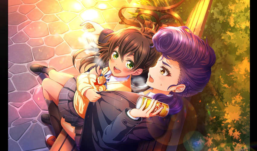 2girls :d akino_komugi bench black_footwear black_hair black_jacket black_socks black_thighhighs blue_ribbon braid breath can cardigan cinderella_series collared_shirt ear_piercing evening from_above full_body game_cg green_eyes grey_skirt hachigatsu_no_cinderella_nine high_ponytail highres holding holding_can izumida_kyouka jacket lens_flare light_rays loafers long_hair long_sleeves low_twintails multiple_girls neck_ribbon non-web_source official_art on_bench one_eye_closed open_clothes open_jacket open_mouth orange_eyes outdoors piercing plaid_clothes plaid_skirt pleated_skirt pompadour ponytail purple_hair ribbon satogahama_school_uniform school_uniform shirt shoes sitting sitting_on_person skirt smile socks squirrel sunbeam sunlight sweatdrop teeth thighhighs twintails upper_teeth_only white_shirt winter_uniform wooden_bench yellow_cardigan
