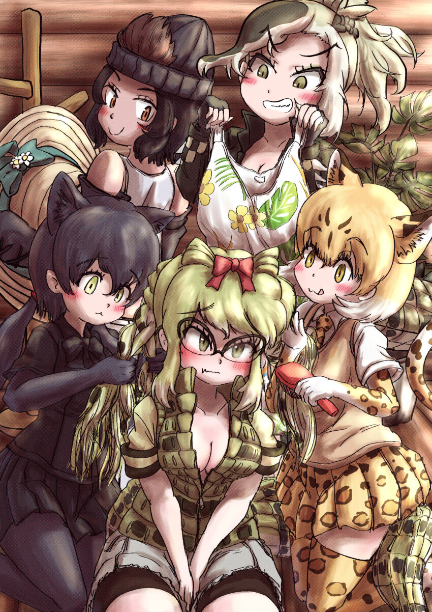 5girls :&lt; :q animal_ears animal_print bare_arms beanie behind_another black_hair black_leopard_(kemono_friends) blonde_hair blush bow breasts brushing_another&#039;s_hair brushing_hair c: camisole cleavage closed_mouth collared_vest comb crocodilian_tail elbow_gloves extra_ears fang fang_out glasses gloves green_eyes green_hair grin hair_between_eyes hair_bow hairdressing hat high_ponytail highres holding holding_comb holding_unworn_clothes indoors jacket kemono_friends kemono_friends_3 kneeling leopard_(kemono_friends) leopard_ears leopard_girl leopard_print leopard_tail long_hair long_sleeves looking_at_another medium_breasts medium_hair miniskirt multicolored_hair multiple_girls necktie orange_eyes pantyhose pleated_skirt ponytail print_gloves print_necktie print_skirt print_thighhighs saltwater_crocodile_(kemono_friends) shirt short_sleeves sitting skin_fang skirt smile spectacled_caiman_(kemono_friends) sweater_vest tail tan teriiman thighhighs tongue tongue_out unzipped v_arms vest western_lowland_gorilla_(kemono_friends) white_hair yellow_eyes zettai_ryouiki zipper zipper_pull_tab