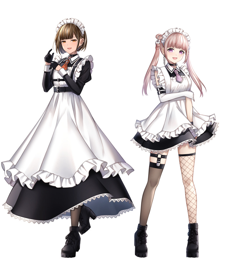2girls :d absurdres ankle_boots annno_ans apron asymmetrical_legwear bare_shoulders belt black_belt black_choker black_dress black_footwear black_gloves black_pantyhose black_thighhighs blunt_bangs bob_cut boots brown_hair choker dress earrings elbow_gloves fishnet_thighhighs fishnets foot_up frilled_apron frills full_body gloves hand_on_own_elbow hands_up high_heels highres jewelry juliet_sleeves lace lace-trimmed_dress lace_trim legs_apart legwear_garter long_dress long_hair long_sleeves looking_at_viewer maid maid_headdress mismatched_legwear multicolored_hair multiple_girls necktie o-ring o-ring_choker o-ring_legwear_garter official_art open_mouth orange_eyes orange_necktie pantyhose pink_eyes pink_hair pink_necktie puffy_sleeves short_dress short_hair short_necktie single_glove single_legwear_garter sleeveless sleeveless_dress smile standing standing_on_one_leg streaked_hair tachi-e thighhighs tobari_tatsumu toki_production transparent_background twintails utane_sui virtual_youtuber white_apron white_hair