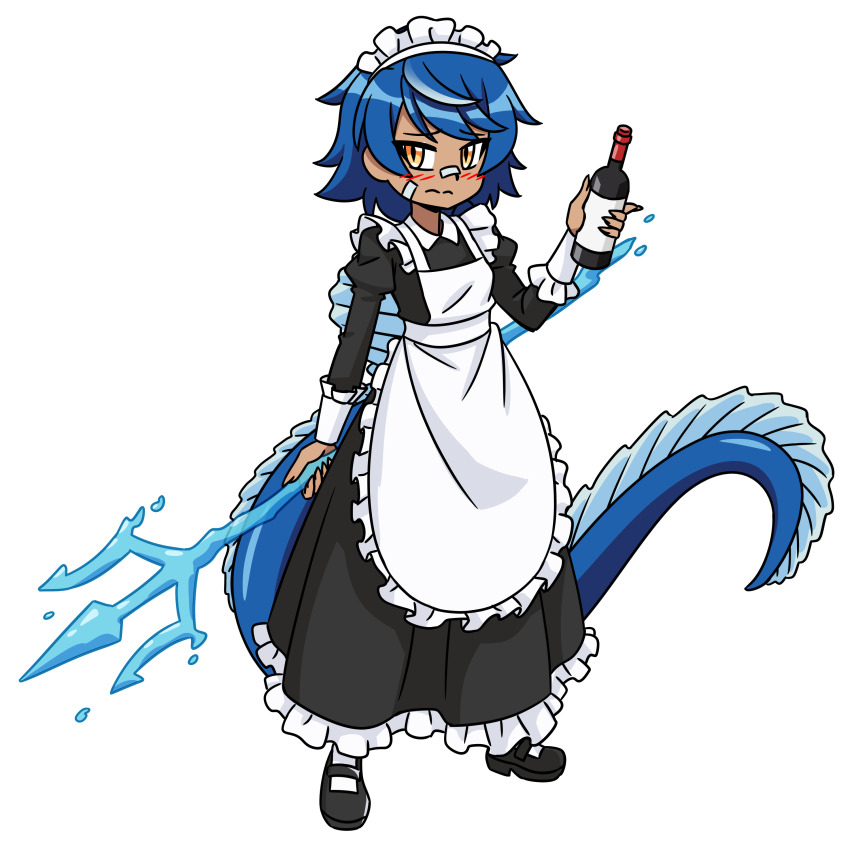 1girl absurdres apron bandage_on_nose bandages blue_hair blush bottle commission commissioner_upload dark-skinned_female dark_skin dinosaur_girl dinosaur_tail embarrassed fingernails highres maid maid_apron maid_headdress multicolored_hair orange_eyes original otchakun_(artist) polearm robin_injigo sharp_fingernails sharp_teeth short_hair solo spinosaurus tail teeth trident two-tone_hair water weapon white_hair wine_bottle