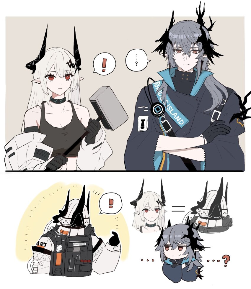 ! ...? 1boy 1girl arknights black_gloves black_jacket black_sports_bra breasts cleavage commentary_request crossed_arms demon_horns gloves grey_hair hammer helmet highres holding holding_hammer honi_(d9gtl) horns infection_monitor_(arknights) jacket jumpsuit logos_(arknights) midriff mole mole_under_eye mudrock_(arknights) mudrock_(elite_ii)_(arknights) open_jumpsuit pointing pointing_at_self pointy_ears red_eyes simple_background sledgehammer spoken_exclamation_mark sports_bra white_hair white_jumpsuit wide_sleeves
