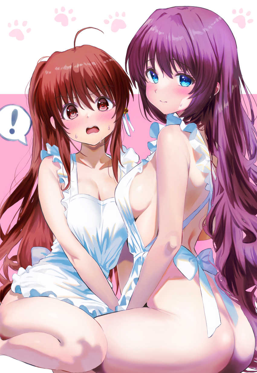 ! 2girls 3: a-chan_(little_busters!) absurdres ahoge apron arm_at_side ass back back_bow bare_arms bell blue_eyes blush bottomless bow breasts brown_eyes brown_hair cleavage closed_mouth collarbone commentary curvy embarrassed eyelashes eyes_visible_through_hair feet_out_of_frame frilled_apron frills hair_bell hair_between_eyes hair_ornament hair_ribbon highres jingle_bell large_breasts little_busters! long_hair looking_at_viewer medium_breasts miiizuno_lbs multiple_girls naked_apron natsume_rin open_mouth paw_print pink_background ponytail purple_background purple_hair raised_eyebrows ribbon sideboob simple_background sitting speech_bubble spoken_exclamation_mark straight_hair surprised sweatdrop tareme teeth upper_teeth_only v-shaped_eyebrows very_long_hair wavy_hair wavy_mouth white_apron white_bow white_ribbon
