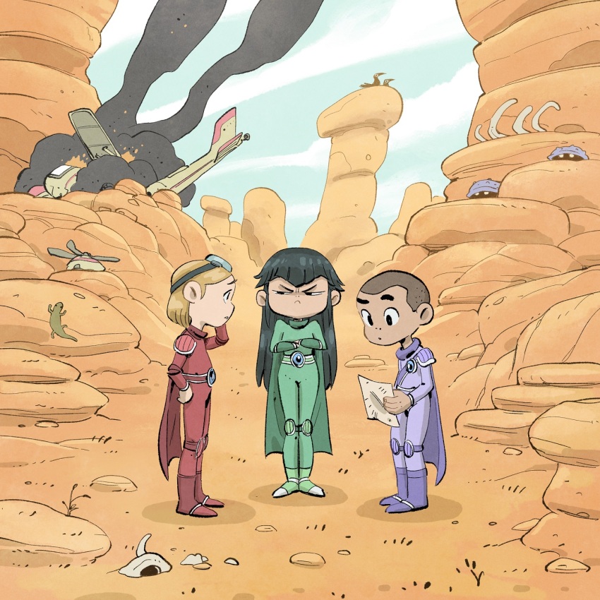 1boy 2girls aircraft airplane black_hair blonde_hair blue_jumpsuit bone brown_hair crash crash_landing creature desert green_jumpsuit highres holding holding_paper jumpsuit lizard long_hair long_sleeves migamigami multiple_girls original outdoors paper partially_buried red_jumpsuit rock short_hair skull sky smoke