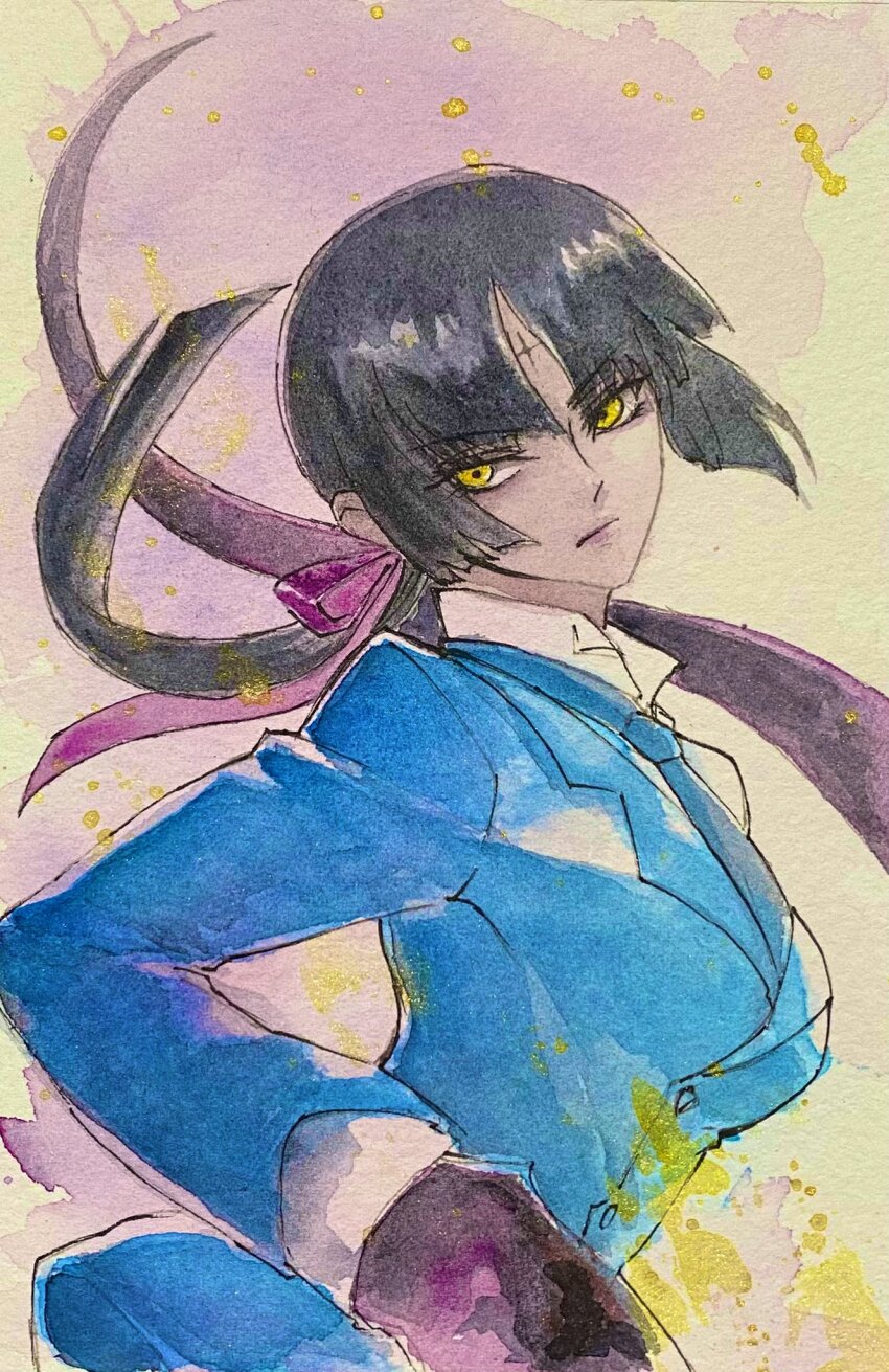 1girl black_hair blue_necktie blue_suit bow collared_shirt d.gray-man dark-skinned_female dark_skin dress_shirt formal_clothes hair_ribbon highres long_hair looking_to_the_side low_ponytail lulu_bell mutation necktie ponytail purple_bow purple_lips purple_ribbon ribbon seto_satoru shirt solo suit whip white_shirt yellow_eyes