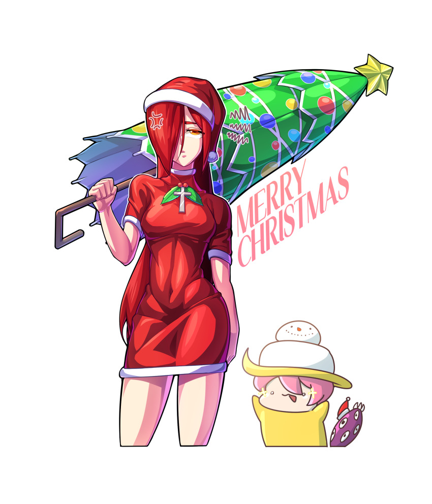 2girls absurdres anger_vein breasts chibi christmas covered_navel cross cross_necklace dress hair_over_one_eye hat highres holding holding_umbrella hungern_(skullgirls) jedo_1126 jewelry large_breasts mistletoe multiple_girls necklace parasoul_(skullgirls) pink_hair santa_hat short_dress skullgirls snowman tongue tongue_out umbrella umbrella_(skullgirls) white_background yellow_eyes