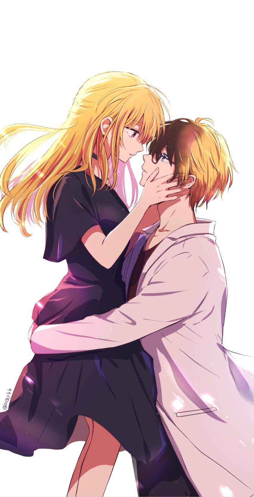 1boy 1girl absurdres alternate_eye_color amamiya_gorou asgykk black_choker black_dress blonde_hair blue_eyes brother_and_sister brown_hair choker dress glasses hair_between_eyes highres hoshino_aquamarine hoshino_ruby jacket long_hair long_sleeves oshi_no_ko pink_eyes short_hair siblings tears white_background white_jacket