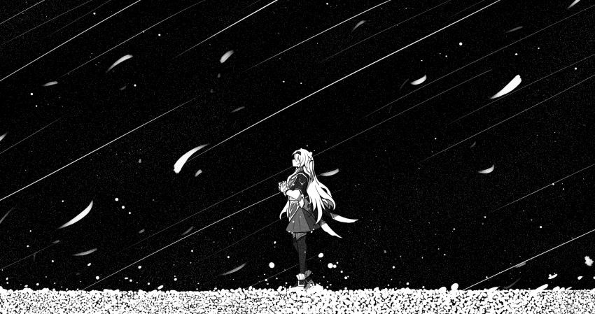 1girl black_background black_hairband black_jacket collared_dress cropped_jacket dress electronduck faceless faceless_female firefly_(honkai:_star_rail) from_side hairband highres honkai:_star_rail honkai_(series) interlocked_fingers jacket long_hair monochrome own_hands_together shooting_star solo thighhighs
