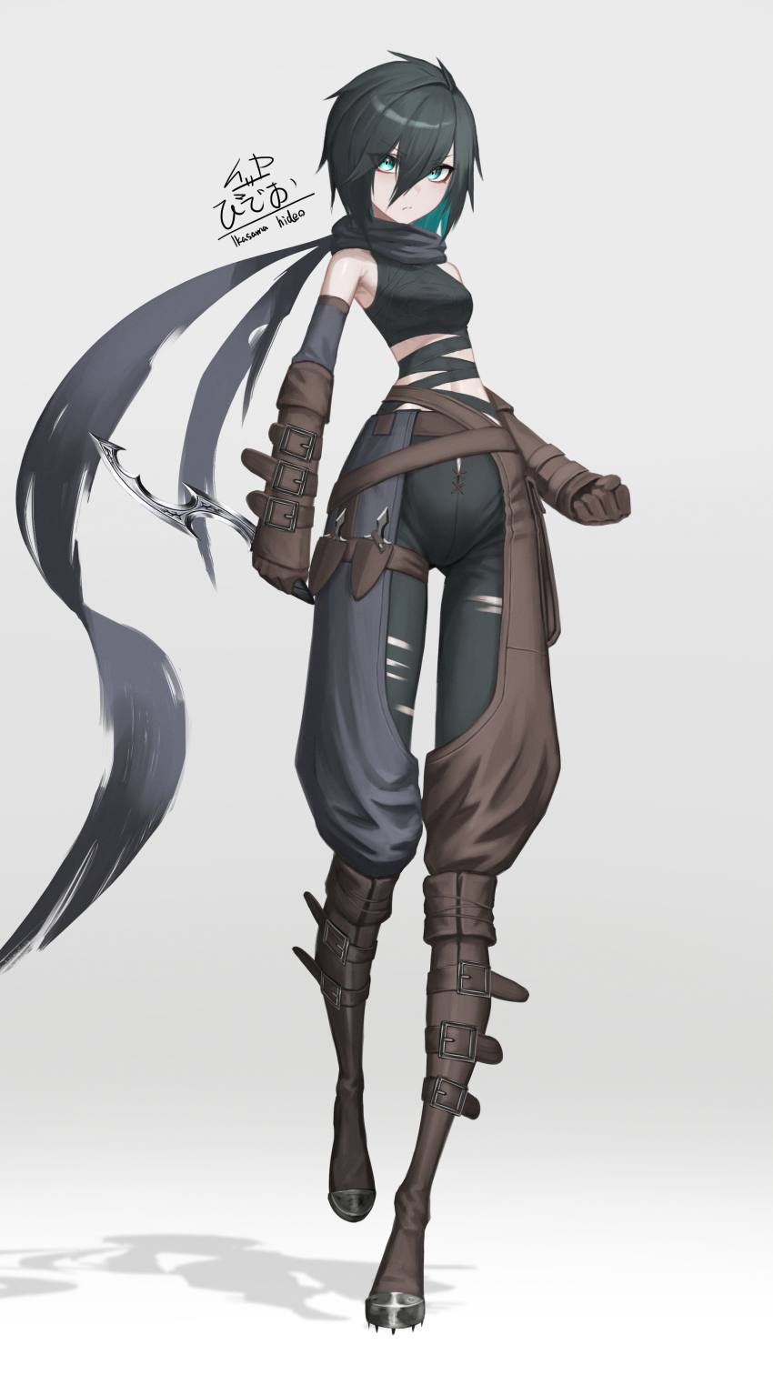 1girl absurdres aqua_eyes aqua_hair belt black_hair boots breasts chaps cleats clenched_hand colored_inner_hair elbow_gloves fantasy full_body gloves gradient_background grey_background highres holding holding_knife holding_weapon ikasamahideo khopesh knife leather leather_boots leather_gloves looking_at_viewer multicolored_hair original reverse_grip scarf shadow short_hair small_breasts steel-toe_boots throwing_knife torn_clothes torn_scarf tsurime two-tone_hair weapon white_background