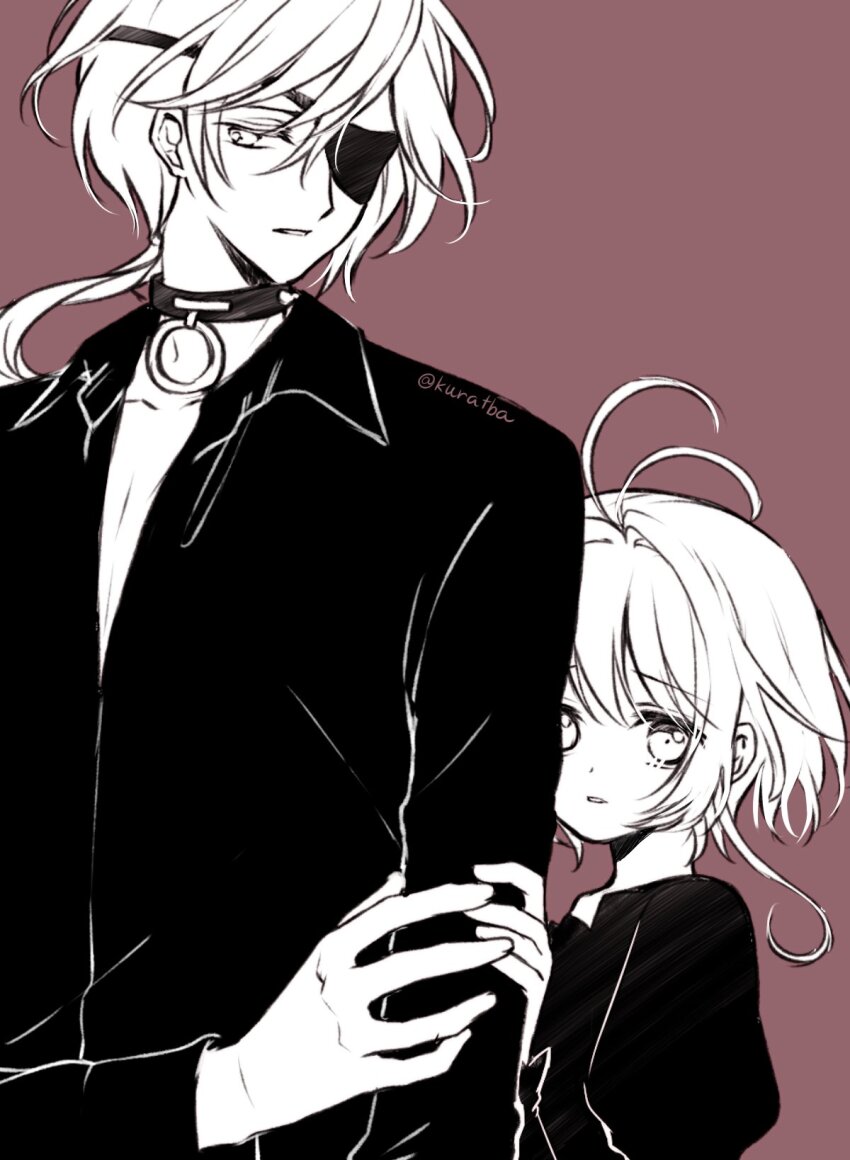 1boy 1girl antenna_hair brown_background choker choppy_bangs collarbone collared_shirt dress dress_shirt expressionless eyepatch fai_d._flowright greyscale_with_colored_background hair_between_eyes hair_intakes hand_on_another&#039;s_arm hand_on_own_arm height_difference highres juliet_sleeves kurabayashi long_hair long_sleeves looking_at_viewer low_ponytail o-ring o-ring_choker parted_lips partially_unbuttoned ponytail puffy_sleeves sakura_hime shirt short_hair sidelocks sideways_glance simple_background tsubasa_chronicle upper_body