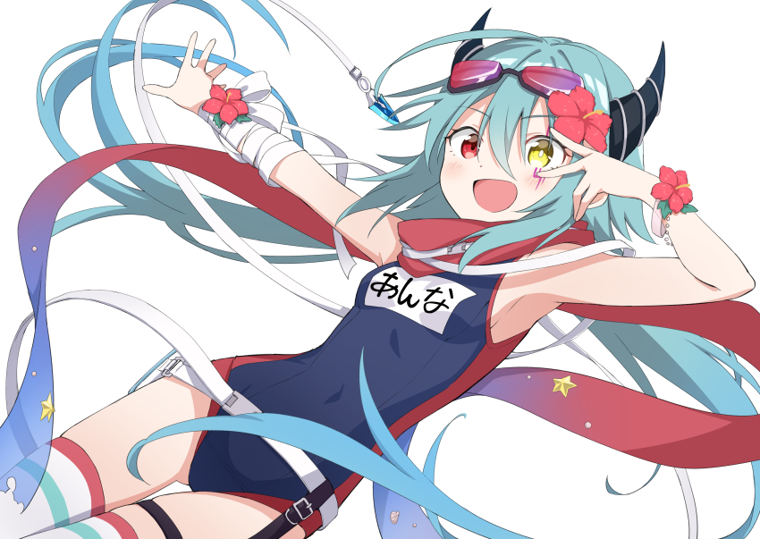 1girl absurdres anna_(princess_connect!) anna_(summer)_(princess_connect!) bandaged_arm bandages black_horns blue_hair blue_scarf breasts covered_navel flower goggles goggles_on_head hair_between_eyes hair_flower hair_ornament heterochromia hibiscus highres horns long_hair looking_at_viewer name_tag one-piece_swimsuit open_mouth princess_connect! red_eyes red_flower red_scarf scarf school_swimsuit shichimi_yutsuki simple_background small_breasts solo star_(symbol) swimsuit thigh_strap thighhighs v v_over_eye very_long_hair white_background yellow_eyes