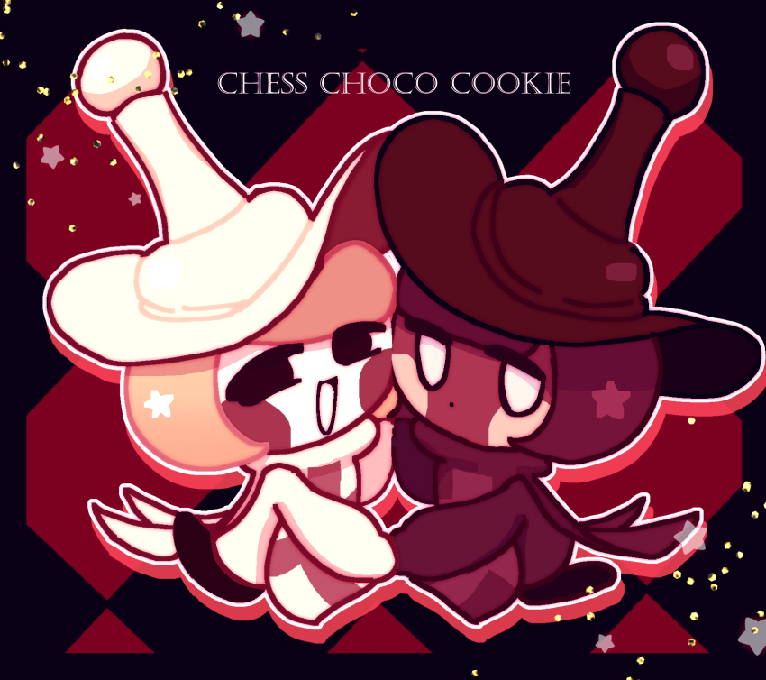 2others :d akibevillage black_border black_eyes blonde_hair bob_cut border brown_hair brown_hat brown_tunic character_name cheek-to-cheek chess_piece closed_mouth colored_skin commentary_request cookie_run cookie_run:_ovenbreak dark_skin dot_mouth hat heads_together highres holding_hands looking_at_viewer multiple_others no_pupils open_mouth other_focus outline pawn_(chess) pawn_black_cookie pawn_white_cookie short_hair siblings simple_background smile star_(symbol) tunic twins white_eyes white_hat white_outline white_skin white_tunic