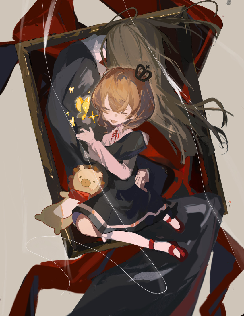 2girls absurdres black_dress black_skirt black_vest brown_hair bug butterfly chinese_commentary closed_eyes collared_shirt commentary_request crown dress fang highres insect kneehighs kuma_(yoooooooo152) long_hair long_sleeves mary_janes medium_hair mini_crown mother_and_daughter multiple_girls open_mouth pink_shirt pink_socks red_shoes sakutarou_(umineko) shirt shoes skin_fang skirt smile socks sparkle stuffed_animal stuffed_lion stuffed_toy umineko_no_naku_koro_ni ushiromiya_maria ushiromiya_rosa vest
