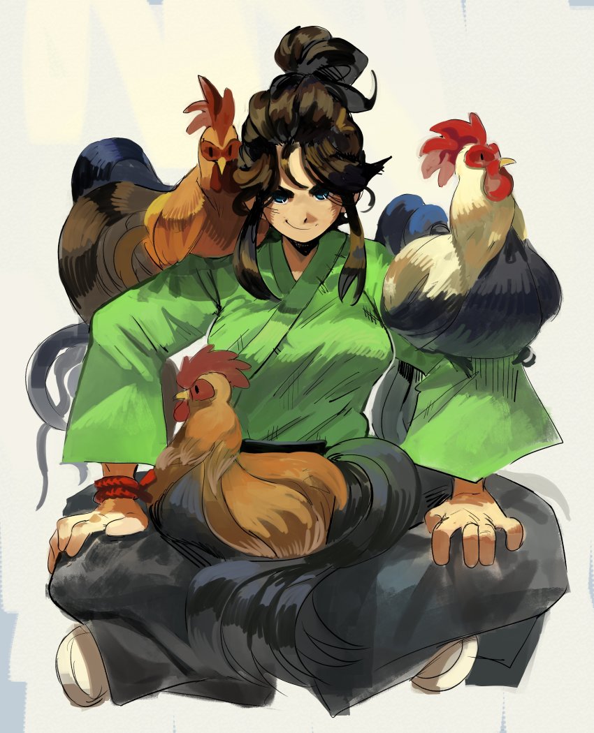 1girl absurdres animal animal_on_shoulder bird bird_on_lap bird_on_shoulder black_hair blue_eyes chicken hair_up highres indian_style long_hair looking_at_viewer luny original rooster shodan_(luny_doobles) sidelocks simple_background sitting smile