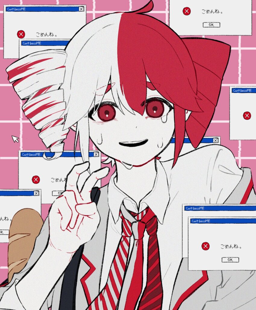 1girl ahoge baguette bread collared_shirt drill_hair food grey_jacket grid_background hair_between_eyes hand_up highres jacket kasane_teto kasane_teto_(sv) long_sleeves looking_at_viewer microsoft_windows multicolored_hair multiple_neckties narenai_(synthesizer_v) necktie off_shoulder open_mouth pink_background raised_eyebrows red_eyes red_hair red_necktie shirt short_hair solo striped_necktie sweat synthesizer_v tearing_up tete_(rip_gnkr39) twin_drills two-tone_hair upper_body utau v white_background white_hair white_shirt window_(computing) windows_classic windows_me