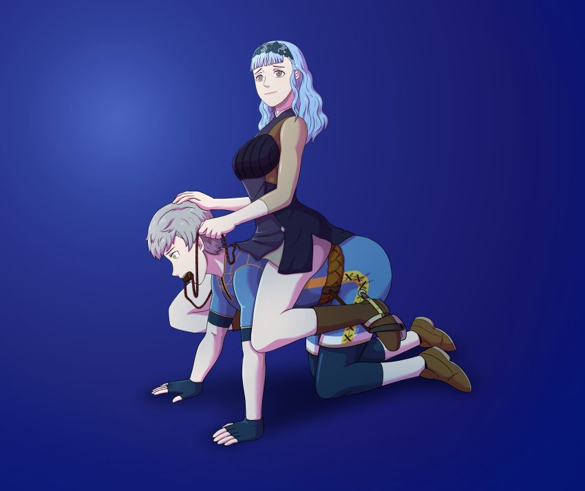 1girl absurdres all_fours ashe_ubert bdsm femdom fire_emblem fire_emblem:_three_houses fire_emblem_warriors:_three_hopes gag gagged highres marianne_von_edmund nintendo pony_play ridalred riding sitting sitting_on_person