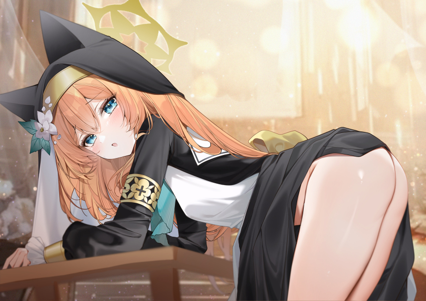1girl animal_ear_headwear animal_ears arms_on_table ass black_dress blue_archive blue_eyes blush cat_ears clothes_lift coif dress dress_lift elbow_on_table fake_animal_ears flower hair_between_eyes halo hat hat_flower highres indoors leaning_forward loli long_hair long_sleeves looking_at_viewer looking_back mari_(blue_archive) no_panties nun open_mouth orange_hair solo table white_flower wooden_table yellow_halo yukineko1018