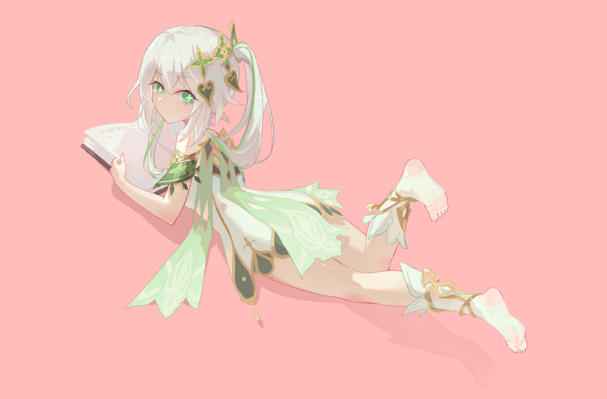 1girl absurdres barefoot book comet-c feet genshin_impact green_eyes highres long_hair looking_at_viewer lying multicolored_hair nahida_(genshin_impact) on_stomach side_ponytail soles stirrup_legwear streaked_hair toeless_legwear toes white_hair
