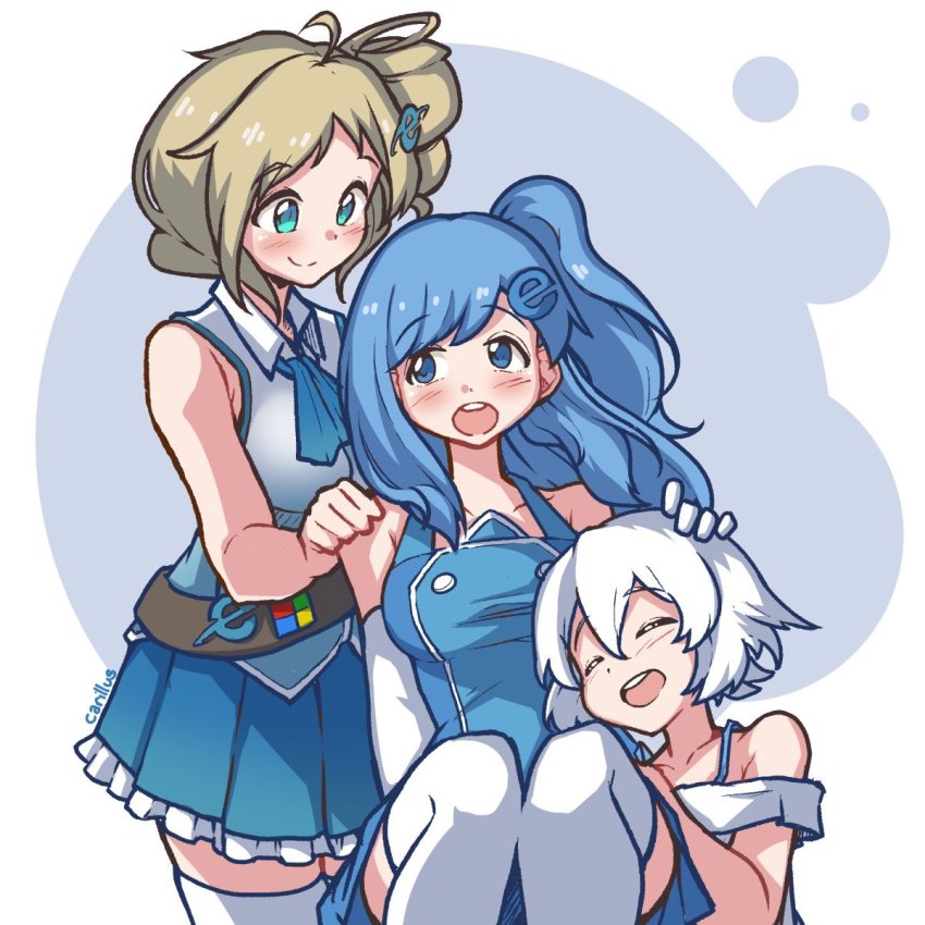 3girls artist_name bing blonde_hair blue_eyes blue_hair carillus closed_eyes happy highres hug internet_explorer microsoft multiple_girls personification headpat signature white_hair windows_logo