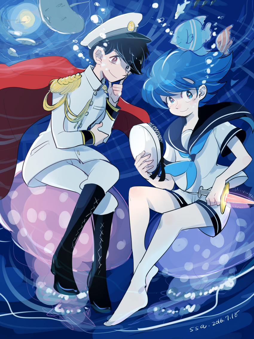 2boys 33gihome air_bubble back_hair black_boots black_hair blue_eyes blue_hair blue_neckerchief boots bubble cape dagger dated epaulettes fish hat highres holding holding_dagger holding_knife holding_weapon jacket jellyfish knife manta_ray multiple_boys neckerchief original pants pantyhose red_cape sailor_collar shorts smile tezuka_osamu_(style) triton_(umi_no_triton) umi_no_triton underwater unworn_hat unworn_headwear weapon white_jacket white_pants white_pantyhose white_shorts