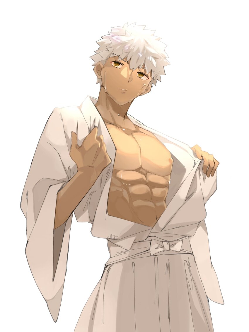 1boy abs dark-skinned_male dark_skin emiya_shirou fate/grand_order fate_(series) highres japanese_clothes kamigokuin kimono large_pectorals muscular muscular_male pectorals senji_muramasa_(fate) senji_muramasa_(third_ascension)_(fate) simple_background solo spiked_hair white_hair white_kimono yellow_eyes