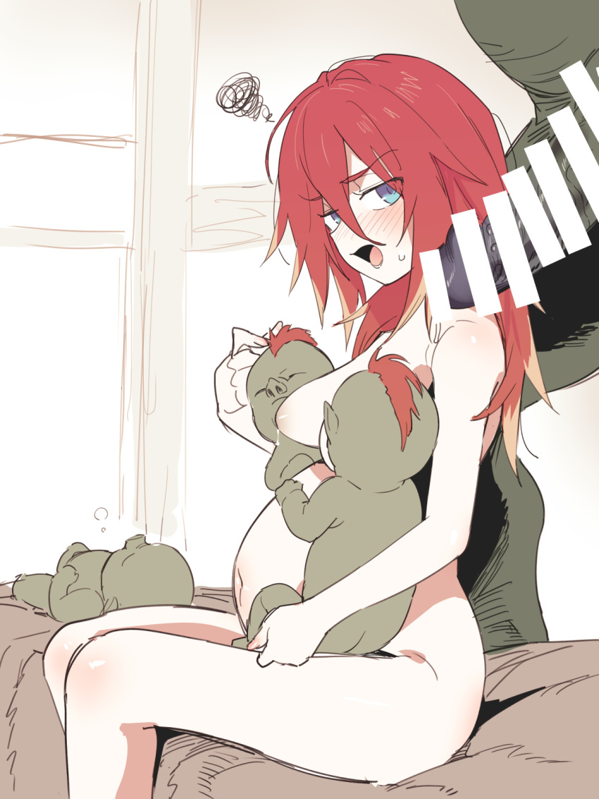 1boy 1girl 3others asutora baby bar_censor big_belly blue_eyes breasts censored hair_between_eyes highres huge_penis interspecies medium_breasts multiple_others open_mouth orc original penis pregnant red_hair short_hair sitting